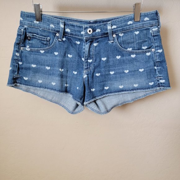AG Adriano Goldschmied The Daisy Low Rise Frayed Cut Off Heart Print Denim Short - Picture 3 of 16